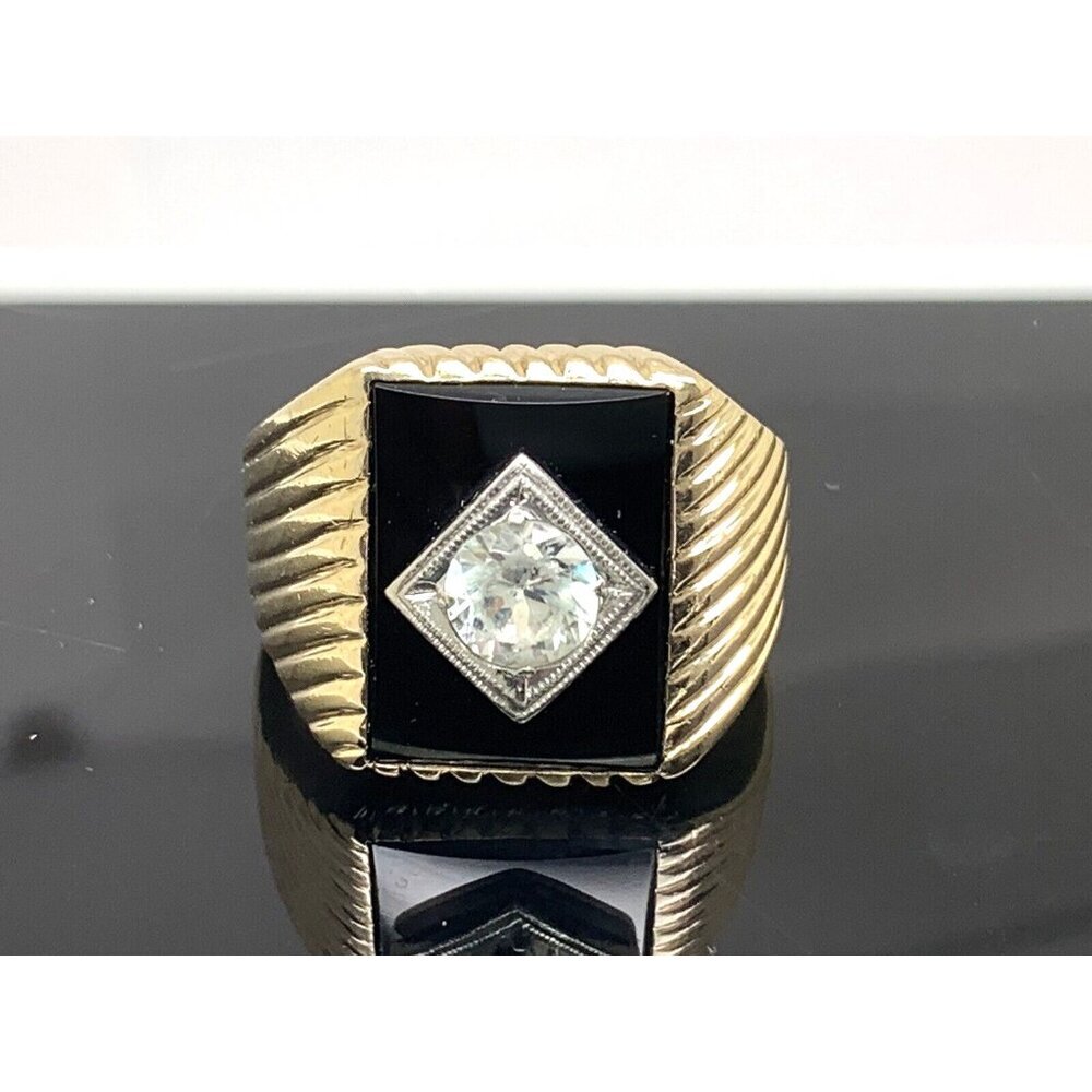 Statement Ring 10k Yellow Gold Cubic Zirconia Onyx Cocktail Mens Size 105